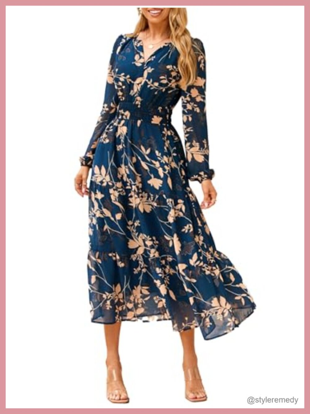 Boho Floral Long Sleeve V Neck Maxi Dress Empire Waist Flowy Wedding Guest
